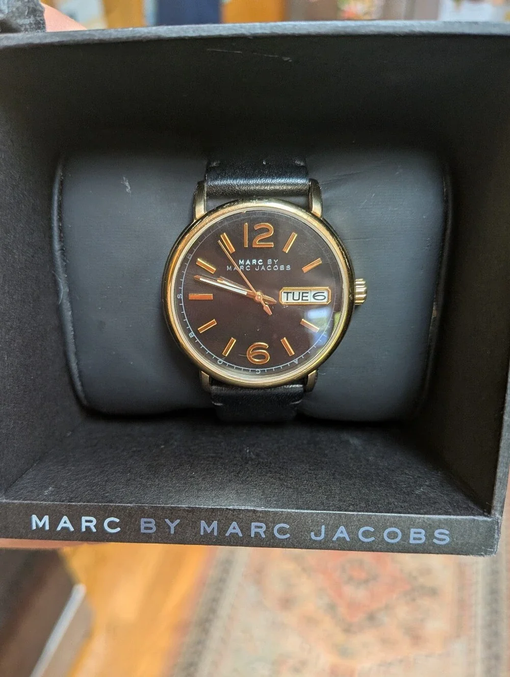 Marc By Marc Jacobs Fergus Gold Black Dial Black Leather Women's Watch MBM1388